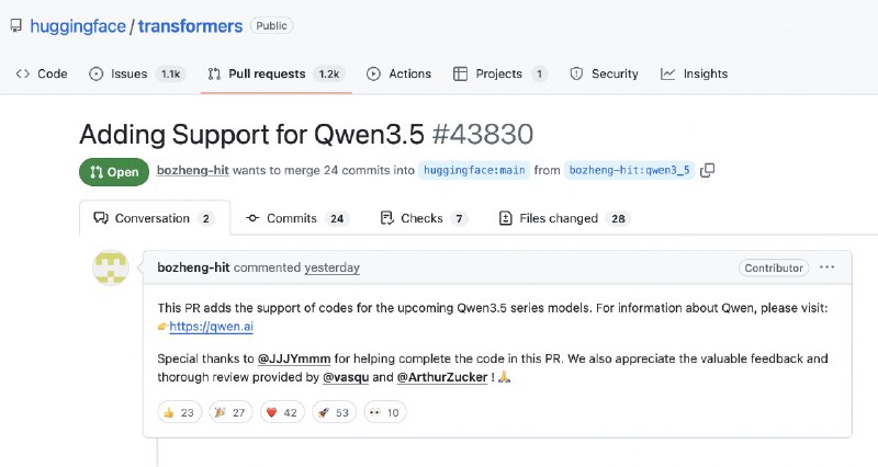 【 #阿里 新一代模型Qwen3.5曝光】2月9日，在全球最大 #AI 开源社区HuggingFace的开源项目页面中，最新出现Qwen3.5并入Transformers的新PR（提交代码合并申请）