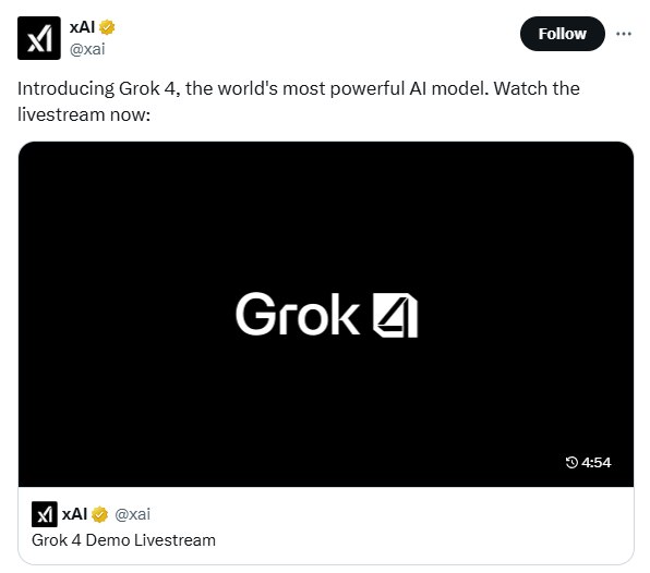 【Grok 4正式发布】官方宣称，Grok 4是最新、最强大的旗舰模型