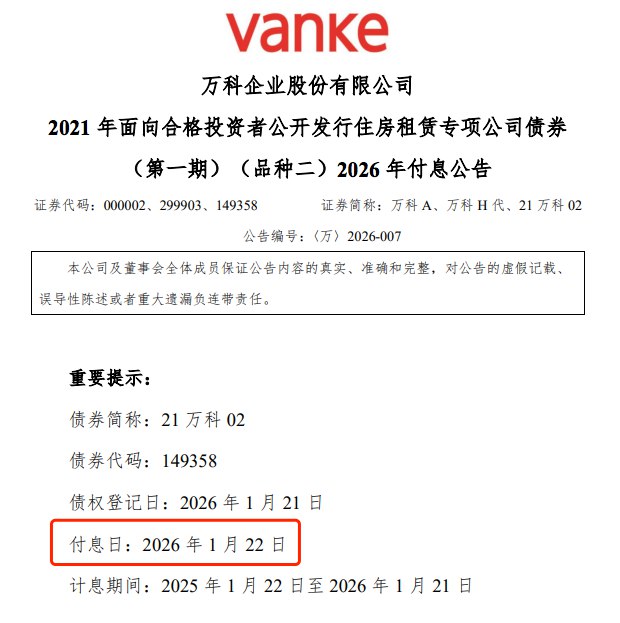 【万科：持有人同意调整“21万科02”回售部分债券本息兑付、增加固定兑付】万科 #公告 称，“21万科02”议案一、四获得有效通过，议案二、三、五未获得有效通过