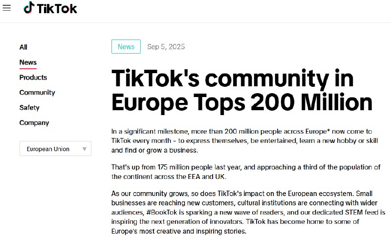 【TikTok #欧洲 月活用户突破2亿】TikTok公司宣布，TikTok在欧洲拥有超过2亿月活跃用户，较去年的1.75亿人相比有所增长，目前用户约占欧洲三分之一的人口