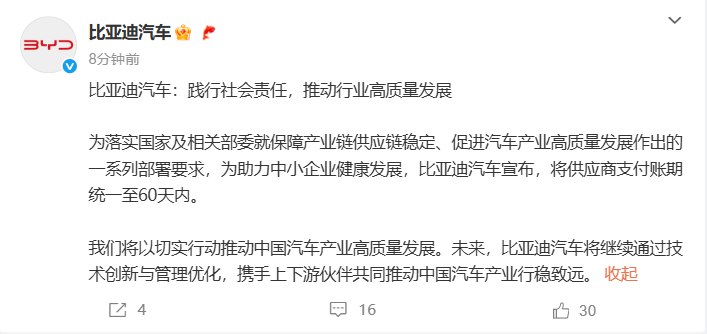 【继东风汽车和赛力斯之后， #比亚迪 汽车也宣布：将供应商支付账期统一至60天内】为落实国家及相关部委就保障产业链供应链稳定、促进汽车产业高质量发展作出的一系列部署要求，为助力中小企业健康发展，比亚迪汽车宣布，将供应商支付账期统一至60天内