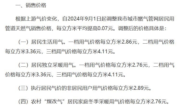 【天津市将于9月1日起调整居民用管道天然气销售价格】天津市发改委 #公告 ，根据上游气价变化，自2024年9月1日起调整我市城市燃气管网居民用管道天然气销售价格，每立方米平均提高0.07元