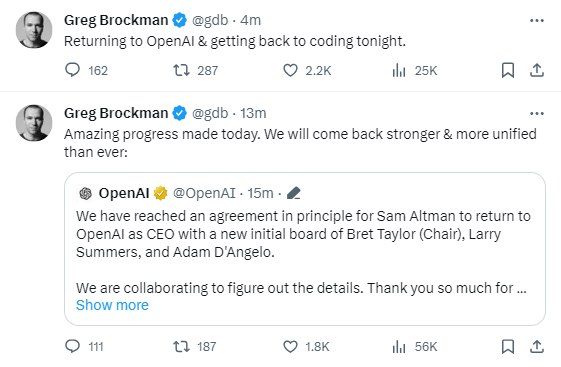 【Greg Brockman：今晚就回OpenAI写编码】OpenAI联合创始人兼前总裁Greg Brockman回应声明称：今天取得了惊人的进展，我们将比以往任何时候都更强大和团结