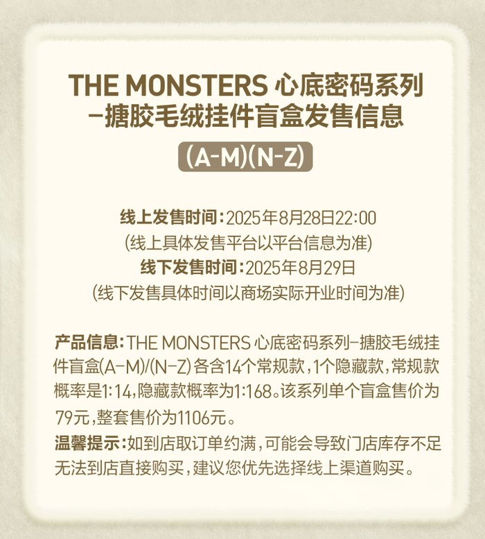 【泡泡玛特正式官宣mini版LABUBU新品，单个盲盒售价79元】泡泡玛特正式官宣mini版LABUBU新品，产品分为A/B两端，各含14个常规款，1个隐藏款，常规款概率为1:14，隐藏款概率为1:168