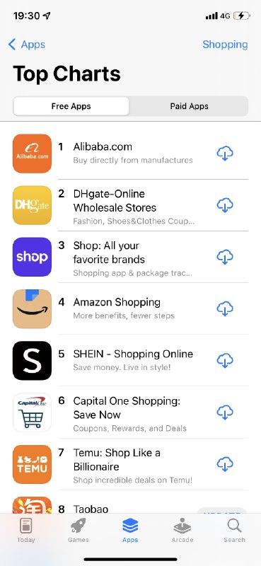 【 #阿里 国际站登顶 #美国 App Store购物榜】最新数据显示，阿里国际站登顶美国AppStore购物榜