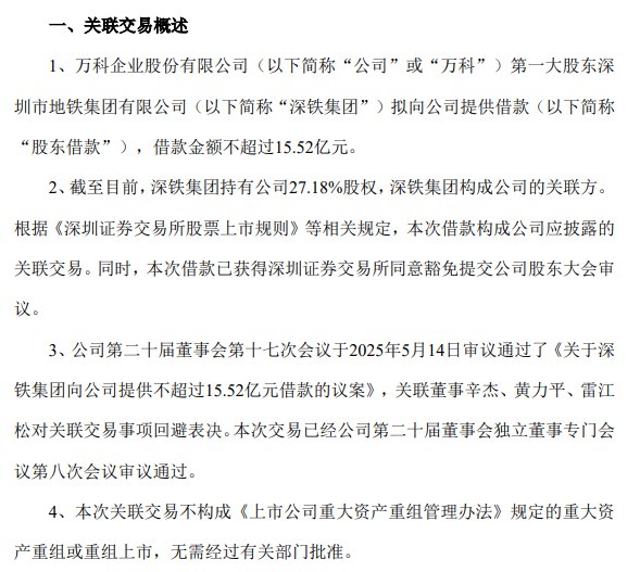 【万科A：深铁集团向公司提供不超过15.52亿元借款】万科A #公告 ，公司第一大股东深铁集团将向公司提供不超过15.52亿元的借款，用于偿还公开市场发行债券的本金与利息